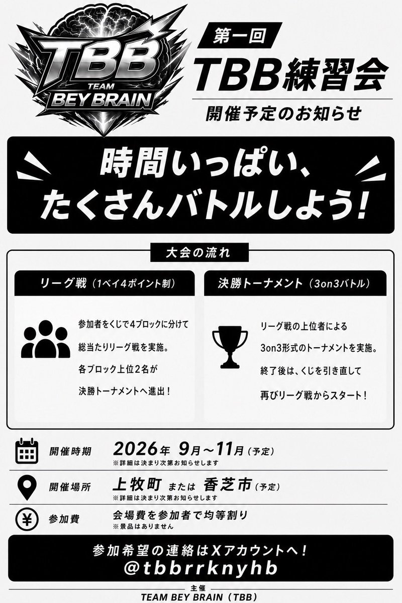 tbbrrknyhb's tweet photo. TBBとして活動を始めて約10ヶ月。
これまで
テレビ大阪をはじめ、ならベイ、ウルトラナパーム、カフェラテベイ、公式大会など色々なイベントに参加してきました！
たくさんの方と対戦･交流していく中で、

「今度は自分たちでも、みんながベイを楽しめる場所を作りたい！」
と思うようになりました🔥 https://t.co/cUBqaI5MJo