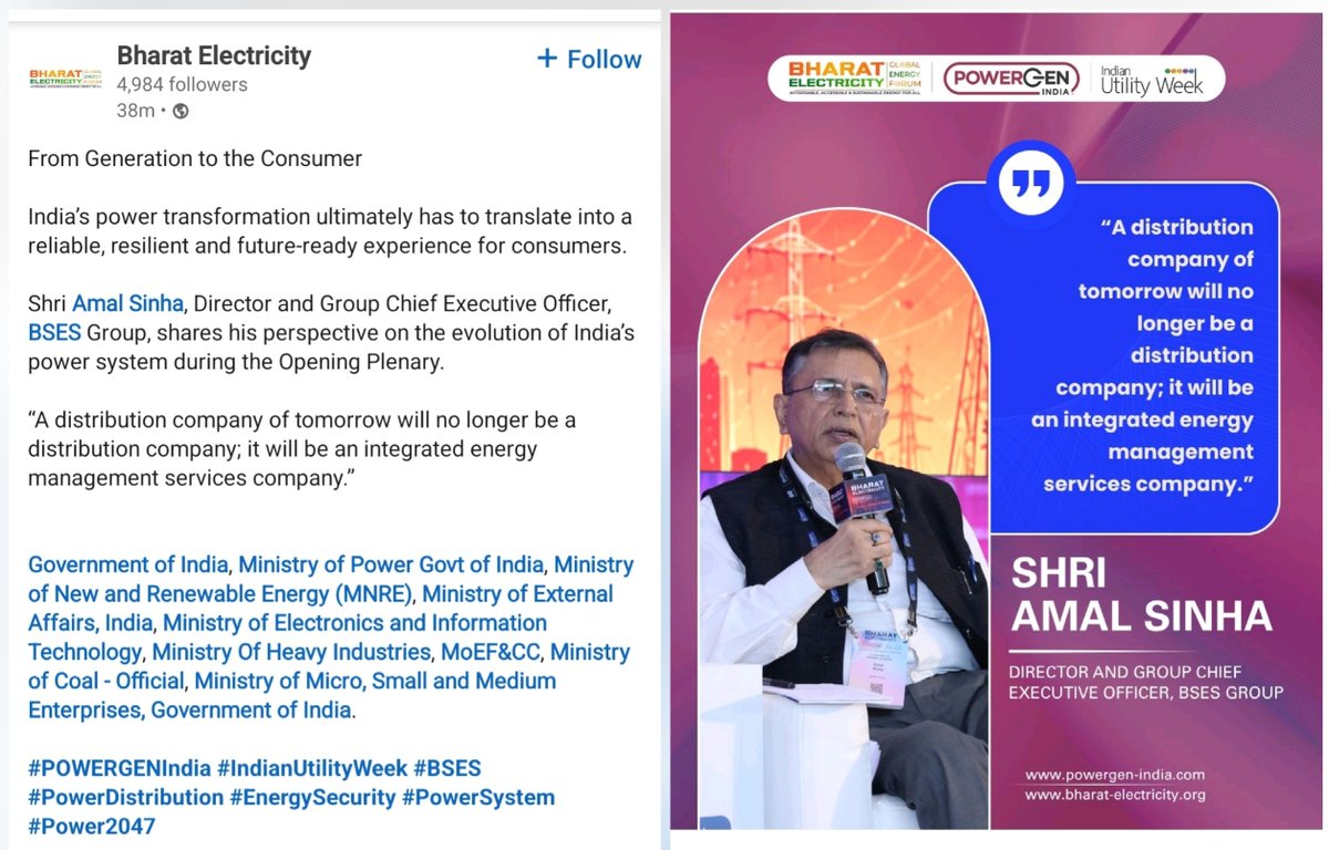 bsesdelhi's tweet photo. The next chapter of India’s power sector will not be defined by how much electricity we distribute, but by how intelligently we manage energy.

At #BharatElectricity and #POWERGENIndia, Shri Amal Sinha, Director & Group CEO, BSES, articulated a bold vision for the future — one where distribution utilities evolve into integrated energy management companies, bringing together reliability, digital intelligence, clean energy, storage and consumer-centric innovation.

As India advances towards a cleaner, smarter and more resilient energy future, the role of discoms will be fundamentally transformed — from conventional utilities to orchestrators of the energy ecosystem.
