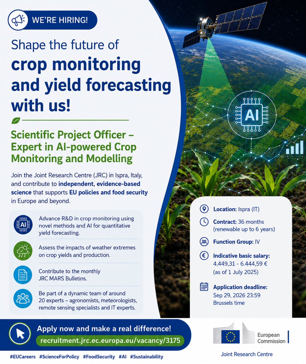 vera_thiemig's tweet photo. 📣 We’re hiring!

Interested in🌱 #CropMonitoring • 📊 #YieldForecasting • 🛰️ #RemoteSensing •🤖 #AI? Come and join our team!

📍 #JRC Ispra, Italy
👉 Apply by 29 Sept: https://t.co/3egamp1hge

#EUCareers https://t.co/ix5X2oKxL6
