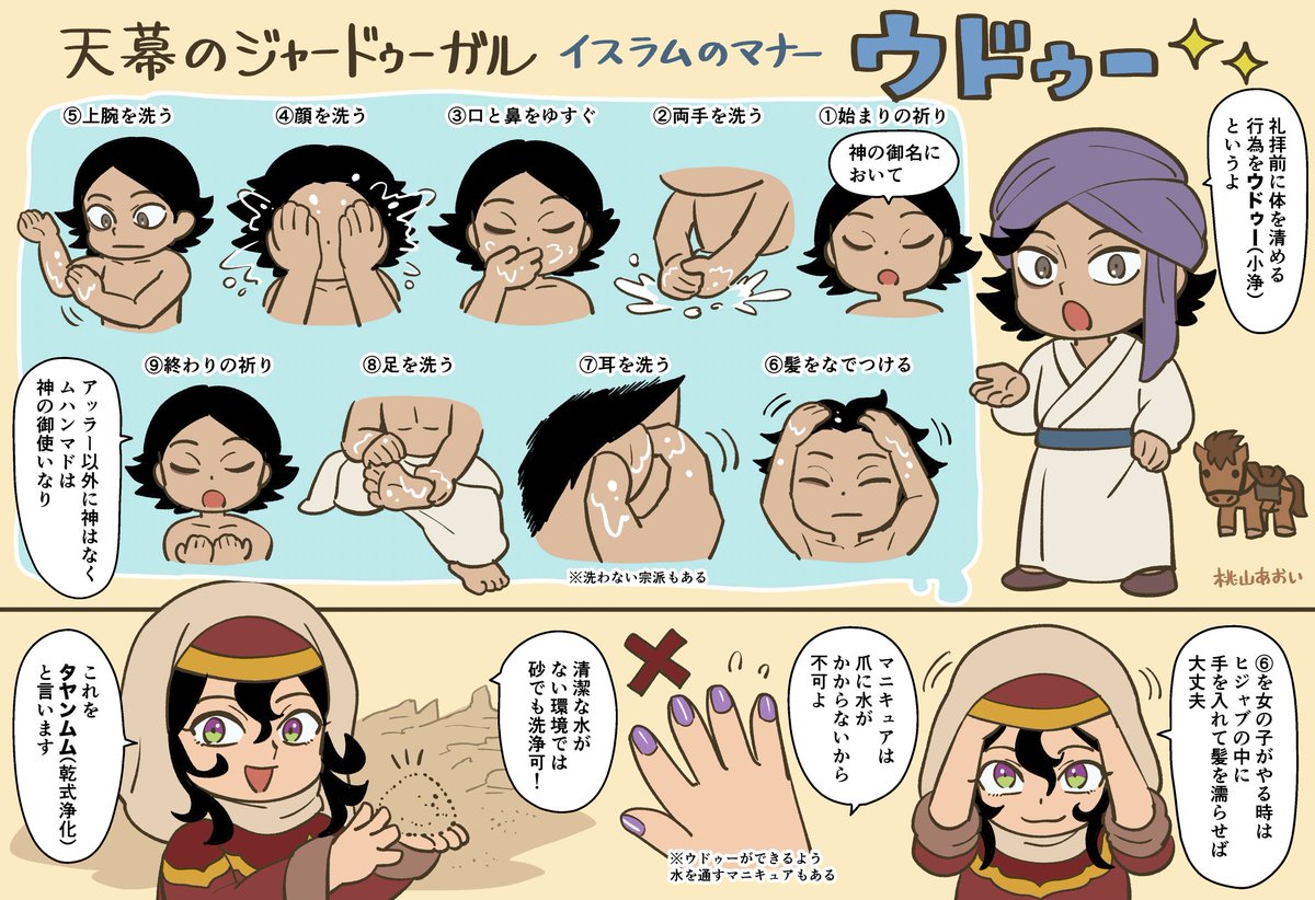 Momoyama_Aoi's tweet photo. アニメ版 #天幕のジャードゥーガル 第10幕でシラが体を細かく洗っていましたが、あれはイスラム教の作法の一つで、ウドゥー(小浄)と言うお清めだそうです。
概ねこの9段階で行われますが、違うやり方の宗派もあります。

参考資料：Japan Dahwa Foundation「ウドゥーのやり方」 https://t.co/GfYxFW0jON