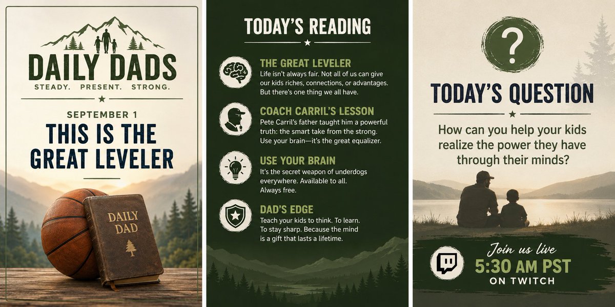 MyDailyDads's tweet photo. 🔴 WE’RE LIVE!
What’s one advantage we can give our kids regardless of money, connections, or genetics?
Teach them to think.
Join us now for Daily Dads: This Is the Great Leveler.
#DailyDads #Fatherhood #Parenting #UseYourBrain
@DRouzaud @FaithIronFit @Beuks605 @garyvee https://t.co/BMhPx05Ifr