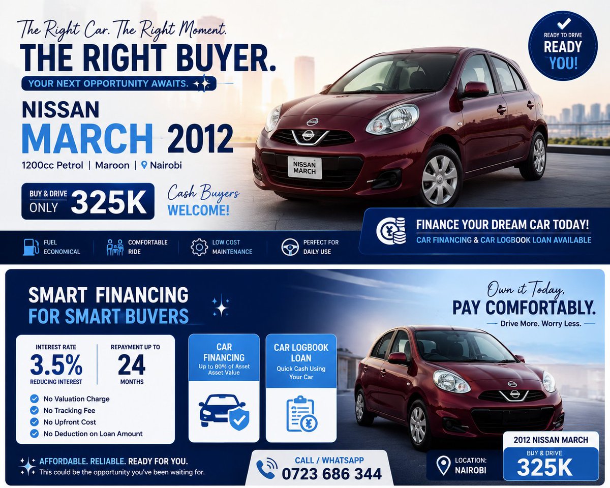 GlossoSpeak's tweet photo. 🚘 Finance your 2012 Nissan March! KES 325K, 3.5% reducing interest, up to 24 months. No valuation charge, tracking fee, or upfront cost.
DOM Shoes
dan mwangi
jacqueline nyokabi
Samuel Arama
#TrainingNowOpen
Ronald Ngala Utalii College https://t.co/0hDDt3dZ73