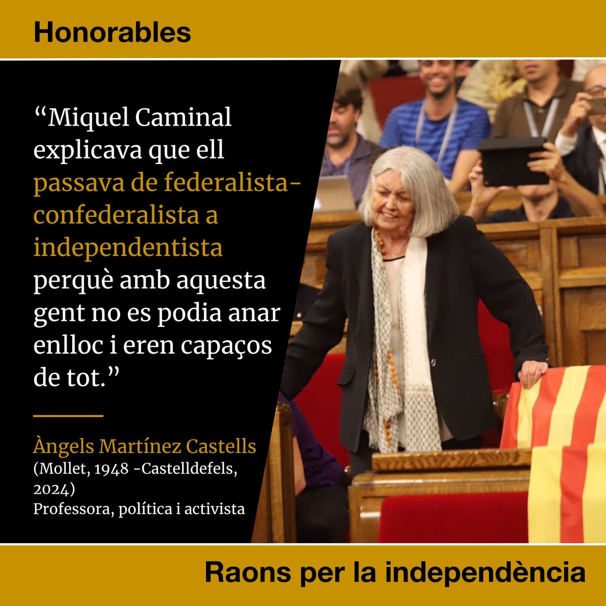 QuimTorraiPla's tweet photo. #taldiacomavui del 2024, ja fa dos anys, morí l’Àngels Martínez Castells, a qui recordem amb molta estima pel seu tarannà i pel coratge que va demostrar sempre, també al Parlament, en situacions que són inoblidables per a qui les vam viure.. #raonsperlaindependència https://t.co/JwkG8ed1EP
