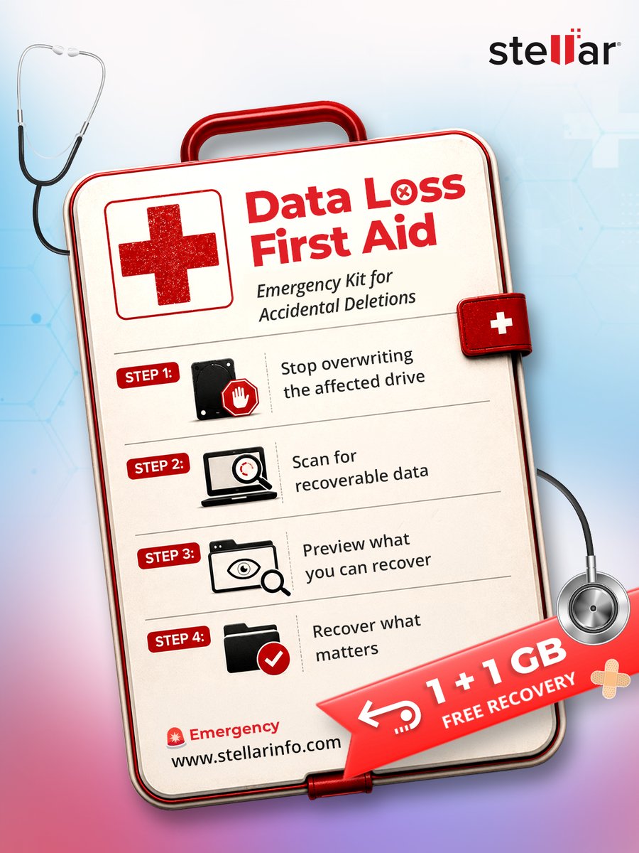 stellarinfo's tweet photo. DATA EMERGENCY?
Think of this as #firstaid for your files: protect the affected drive, assess what’s missing, and take the right steps before the damage gets worse.
Explore: https://t.co/KeQgYoMSFN
#DataLossFirstAid #DataRecovery #LostFiles #FileRecovery #StellarDataRecovery https://t.co/eYBydbUipY