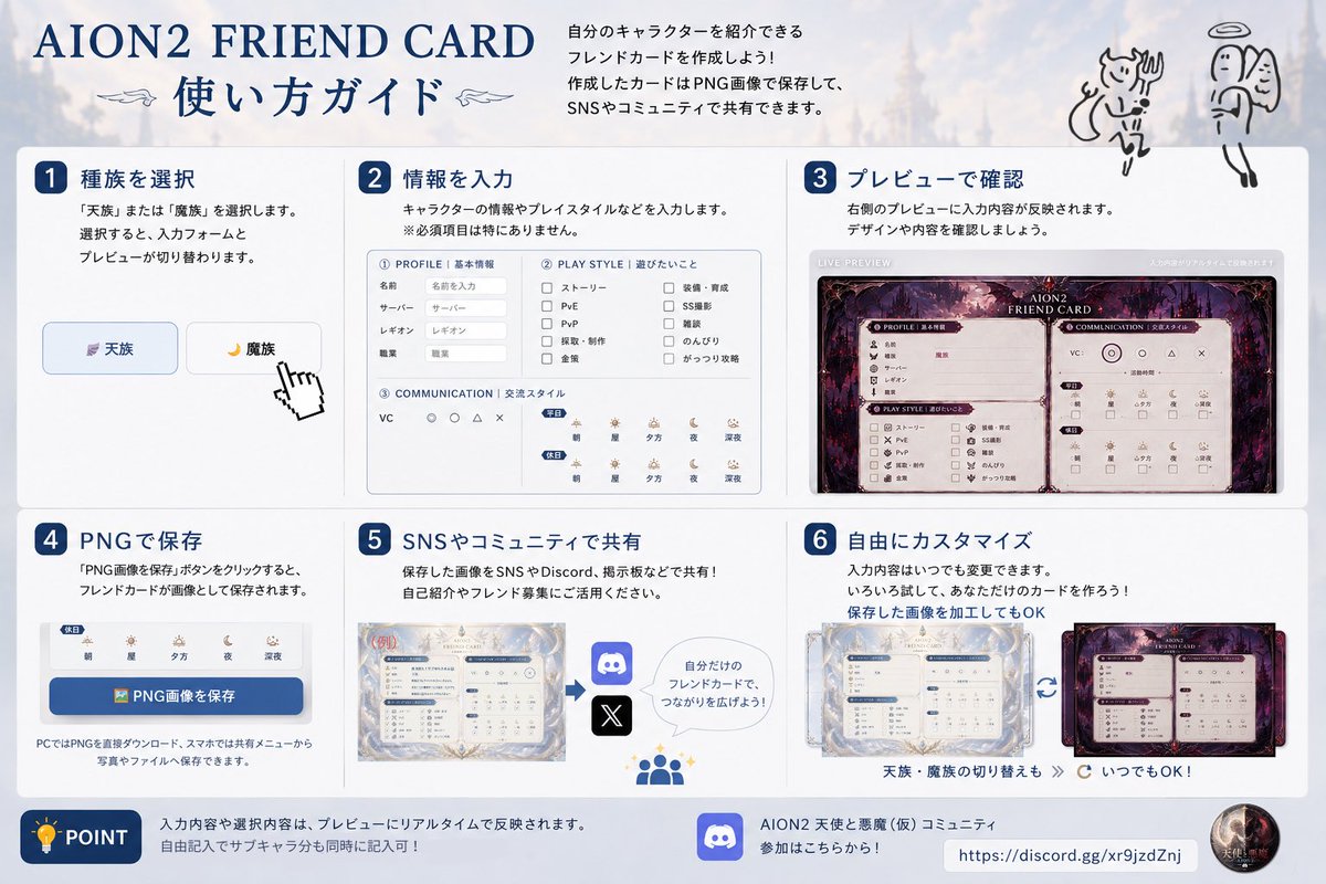 nanamekowo's tweet photo. 📢AION2のフレンドカード作成サイト

AION2グローバル版までおおよそ1か月！
フレカ作成サイト作ってみました！
リリース前のフレンド募集にぜひどうぞ。
· • ✤ • ·
🔗 https://t.co/rhRPhi27O3
· • ✤ • ·
天族・魔族どちらにも対応。
今後もアプデしていきます！
#AION2 #AION2フレンドカード https://t.co/XQAH0AG2SG