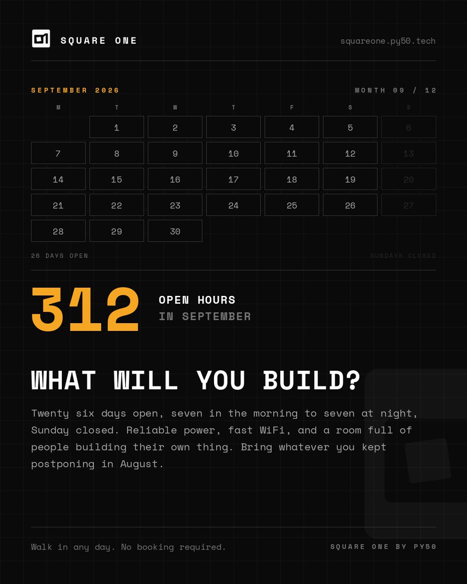 square_one_1's tweet photo. 312 open hours this September to help you build what you kept pushing....
Mon - Sat: 7AM - 7PM |Sunday Closed
Reliable power. Ultra-fast WiFi. Content Studio. Community.

It all starts at Squareone.
Happy New Month. https://t.co/a1Y3ndTLU3