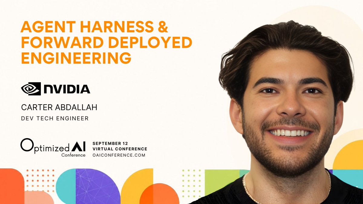 oaiconference's tweet photo. We’re excited to welcome Carter Abdallah from @nvidia  to the Optimized AI Conference.

From building https://t.co/GiOJd5ziW3 as a founding engineer to working at NVIDIA, Carter brings a hands-on builder’s perspective to AI, infrastructure, and agentic systems.

📅 Sept. 12 • Virtual
Registration is open: https://t.co/hbIhuwNd8d

Join us live.

#AI #AIConference #NVIDIA #AgentHarness #FDE