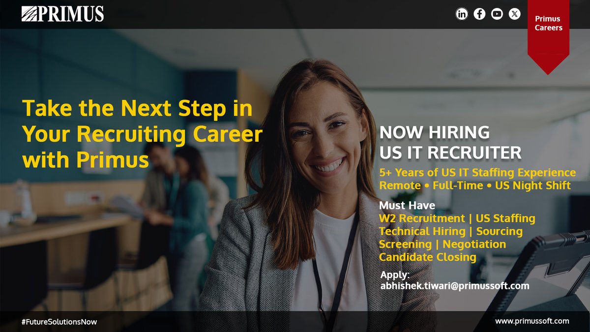 PrimusSoftCorp's tweet photo. #PrimusSoftwareCorporation is hiring an experienced #USITRecruiter for a full-time, fully remote role.
5+ years in #USITrecruitment, full-cycle hiring, #ATS & #VMS experience? We’d love to hear from you.
Apply: abhishek.tiwari@primussoft.com
#hiring #jointeamprimus #joinprimus https://t.co/5IqH1ictOQ