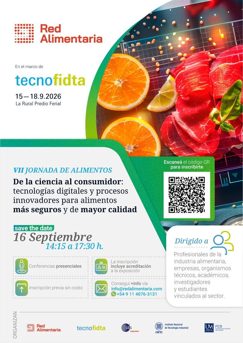 CAMEecoregional's tweet photo. 🟢 ¡Hoy es la VII Jornada de Alimentos!

“De la ciencia al consumidor” propone conocer tecnologías digitales y procesos innovadores para alimentos más seguros y de mayor calidad.

📍 La Rural
🕒 14:15 a 17:30 h
🤝 ¡Los esperamos! https://t.co/lkriUnVnjm