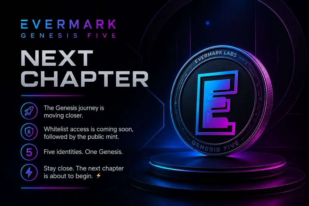 EvermarkLabs's tweet photo. ARE YOU READY?

The next chapter of Evermark Genesis Five is almost here.

The Genesis journey is moving closer.
Whitelist access is coming soon, followed by the public mint.

Five identities. One Genesis.
Stay close. The next chapter is about to begin.

#EvermarkLabs #NFT #Web3 https://t.co/qebIMhnp5K