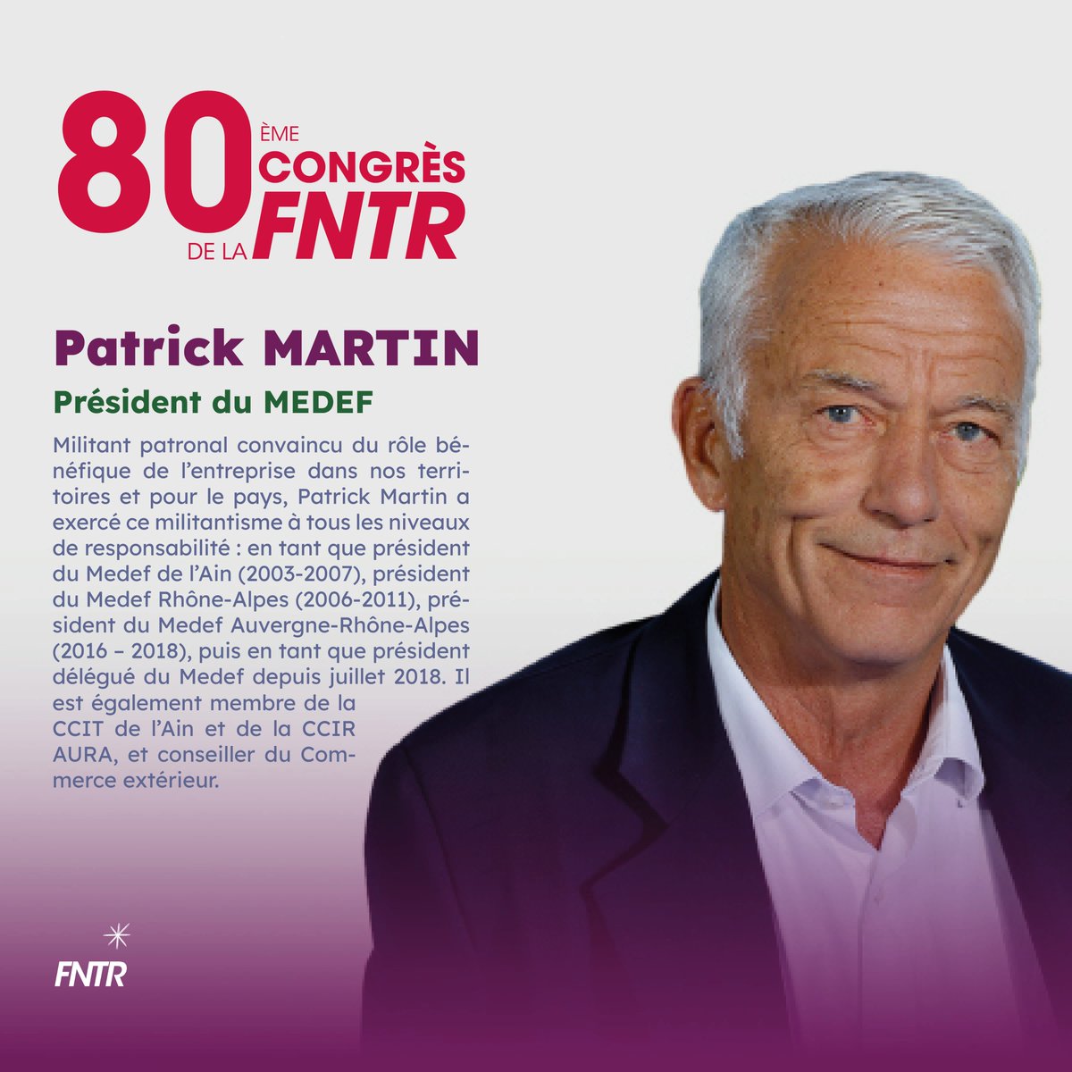 FNTR's tweet photo. 🔴 #congrèsfntr découvrez nos intervenants
Grand témoin du 80e Congrès de la FNTR, Patrick Martin, président du Medef, apportera son éclairage sur les défis qui façonnent aujourd'hui les enjeux des entreprises.

RDV le 8/10 au Beffroi de Montrouge (92)
➡️ https://t.co/iO6dlWkawO https://t.co/1yWWvyBZtZ