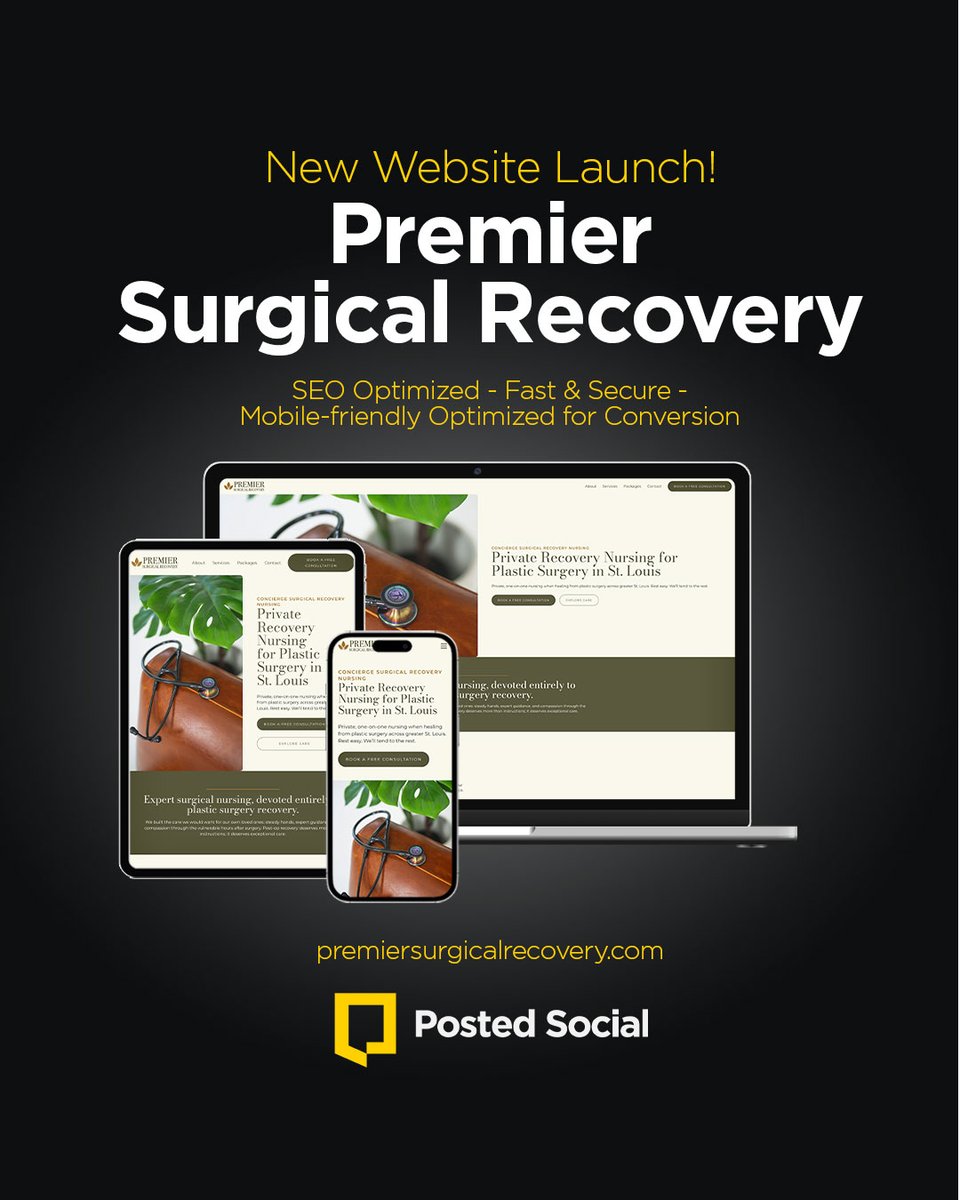 posted_social's tweet photo. Erin came to us with an idea she needed help bringing to life online: Premier Surgical Recovery, built to bring private, elevated concierge nursing to plastic surgery patients across St. Louis.

In about 8 weeks, we built and established the brand, executed a mini brand shoot for the site, and launched this beautiful smart site for her new business!