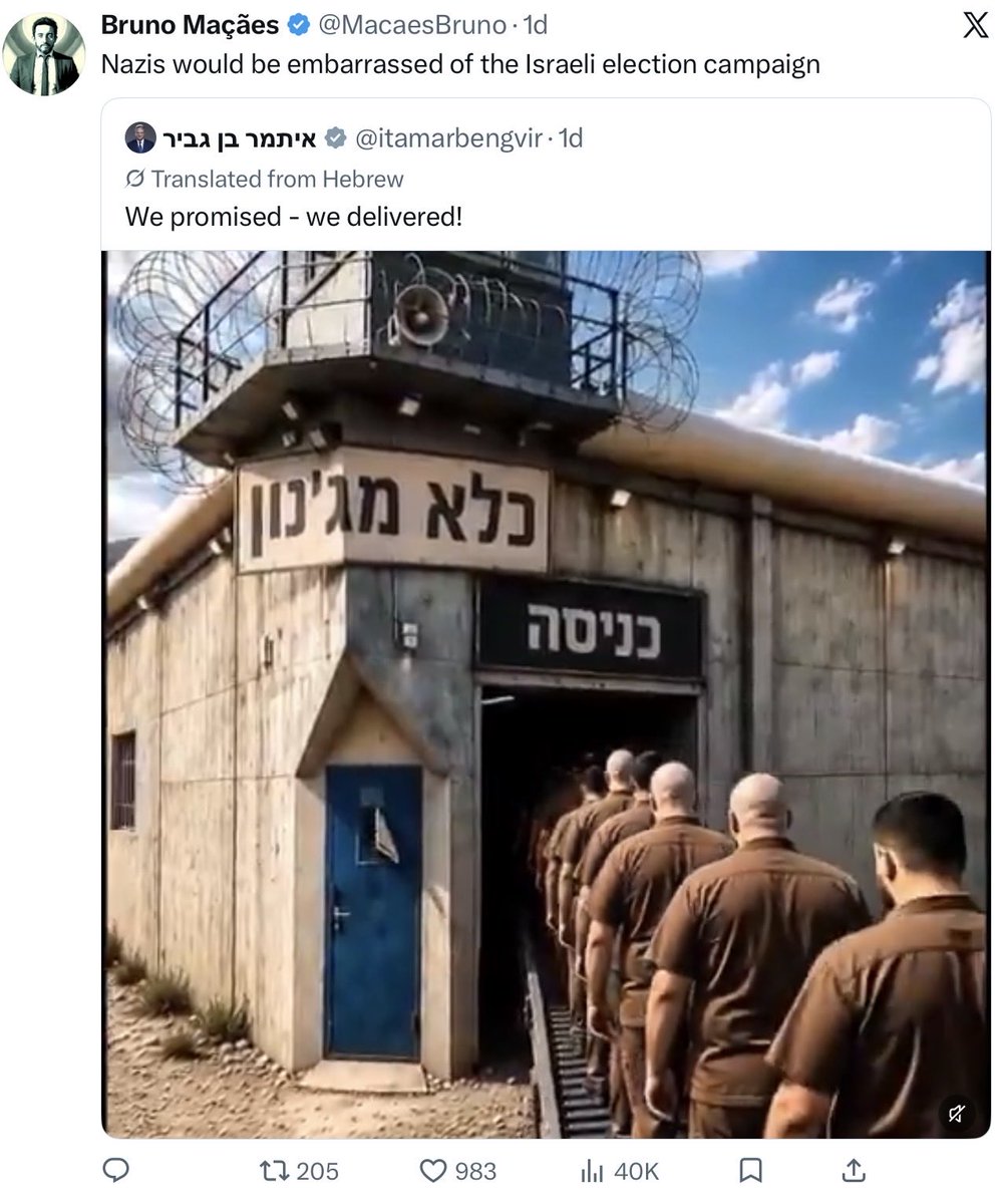 MacaesBruno's tweet photo. People miss the meaning of this. It’s not or not just that an Israeli minister is advertising a Nazi concentration camp but that he is doing it to win (or try to do well) an election in Israel. Think that through a little https://t.co/lsEW5fIME4