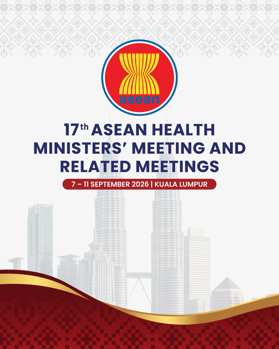 KKMPutrajaya's tweet photo. 𝟔 𝐇𝐀𝐑𝐈 𝐋𝐀𝐆𝐈! 🇲🇾

Malaysia bakal menjadi tuan rumah Mesyuarat Menteri-Menteri Kesihatan ASEAN ke-17 dan Mesyuarat Berkaitan (17th ASEAN Health Ministers’ Meeting and Related Meetings).

📅 7 – 11 September 2026
📍 Kuala Lumpur

Bertemakan, “Healthy ASEAN: Together Towards Equitable, Future-Ready Health Systems”. 

Mari kita bersama-sama menyokong usaha ke arah sistem kesihatan ASEAN yang lebih saksama, berdaya tahan dan bersedia menghadapi masa hadapan.

#AHMM17 #HealthyASEAN #KKMPrihatin #MalaysiaSihat #SihatBersama #MalaysiaMADANI
