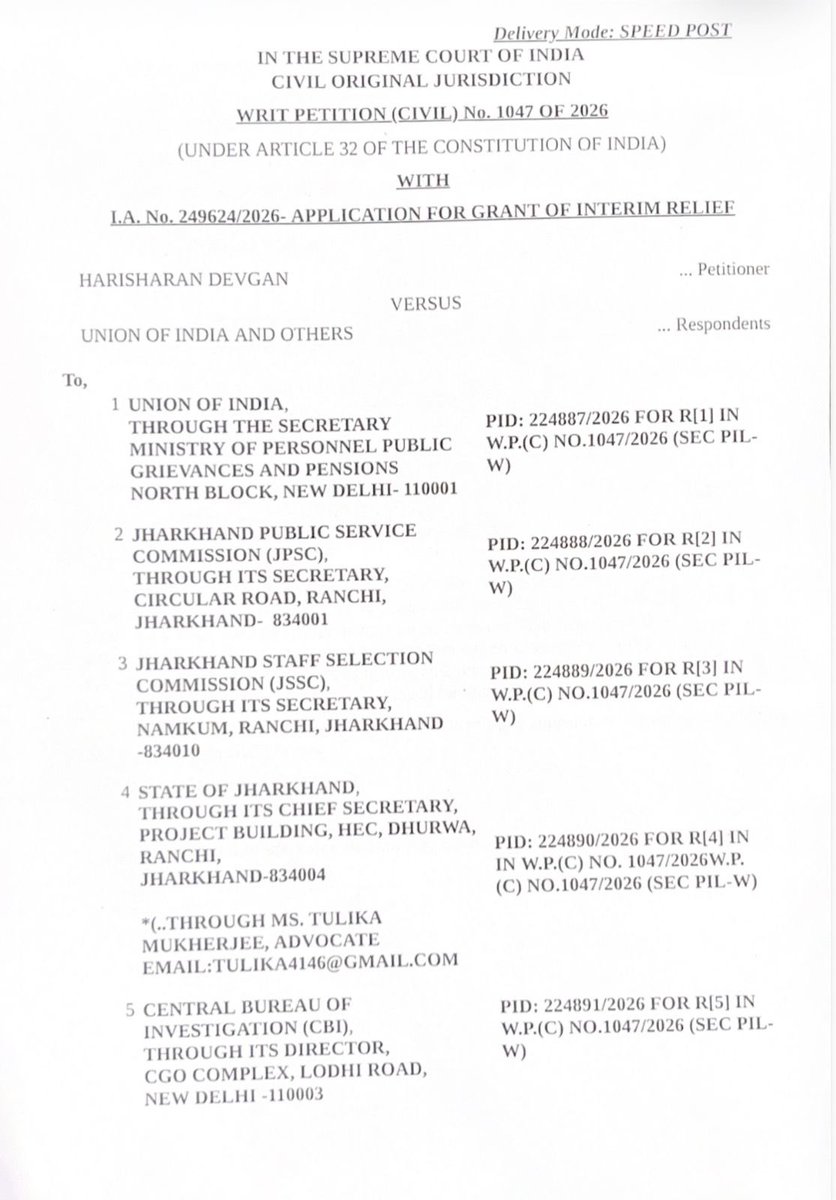 harisharandevgn's tweet photo. JPSC मामले में सुप्रीम कोर्ट से महत्वपूर्ण अपडेट

Harisharan Devgan vs. Union of India & Others
W.P. (Civil) No. 1047/2026 | Diary No. 47998/2026

JPSC परीक्षा की निष्पक्षता और अभ्यर्थियों के हित से जुड़े मामले में हमारी ओर से दाखिल जनहित याचिका पर माननीय सुप्रीम कोर्ट ने नोटिस जारी किया है।

कोर्ट ने याचिका में मांगी गई राहत एवं अंतरिम राहत के संबंध में संबंधित पक्षों से जवाब मांगा है। State of Jharkhand की ओर से नोटिस स्वीकार किया गया है तथा Court ने Dasti Service की अनुमति भी दी है।

📌 अगली सुनवाई: 11 सितंबर 2026
🕥 समय: सुबह 10:30 बजे
📄 Returnable Date: 11 सितंबर 2026

#jharkhandstudentUnity #harisharandevgan #PIL  #jharkhand