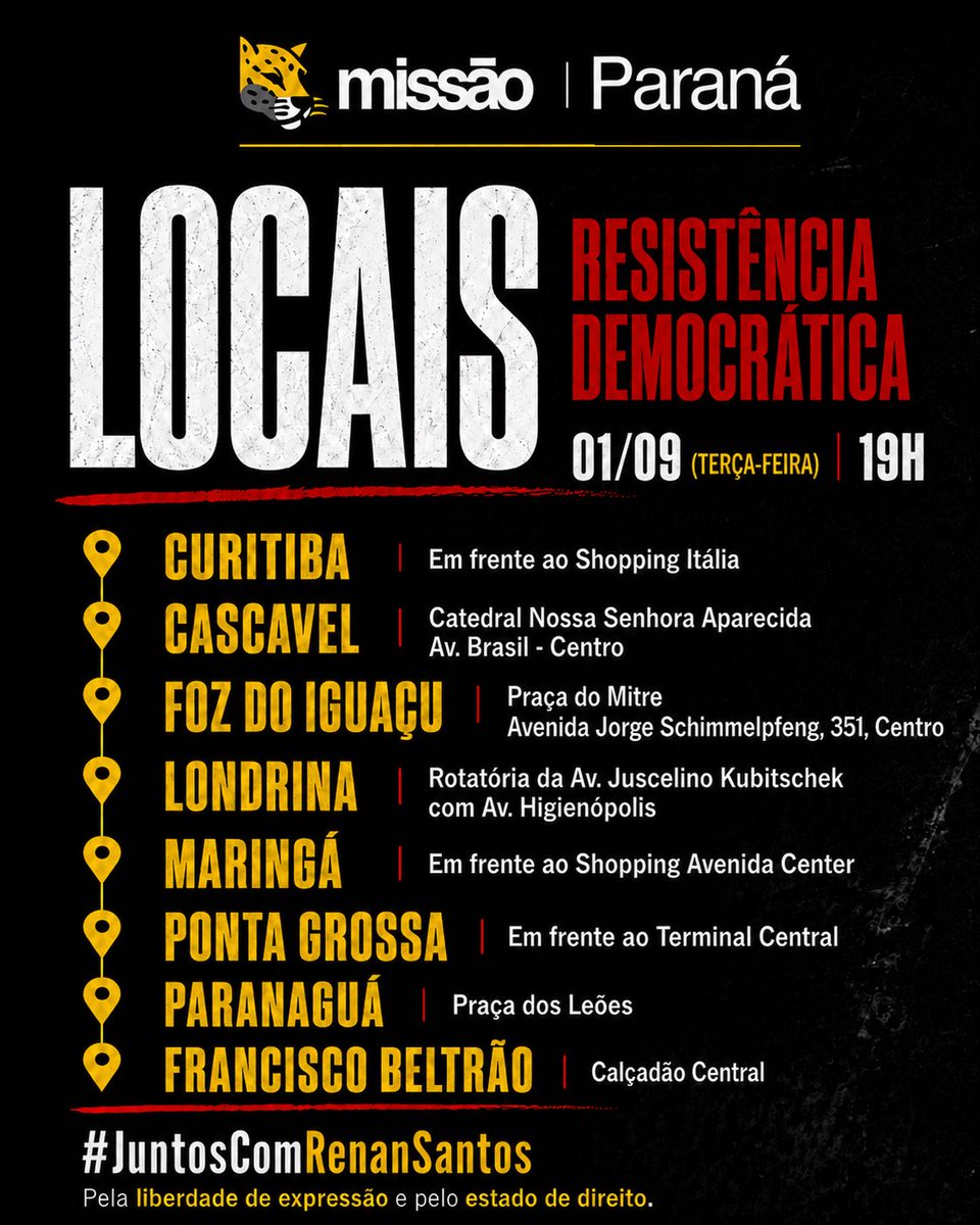 rubensnascimepr's tweet photo. Atualização sobre os atos de hoje pelo Paraná: teremos em, pelo menos, 8 cidades!!
#SomosTodosRenanSantos14 #VoltaRenan https://t.co/8FSZE51GMk
