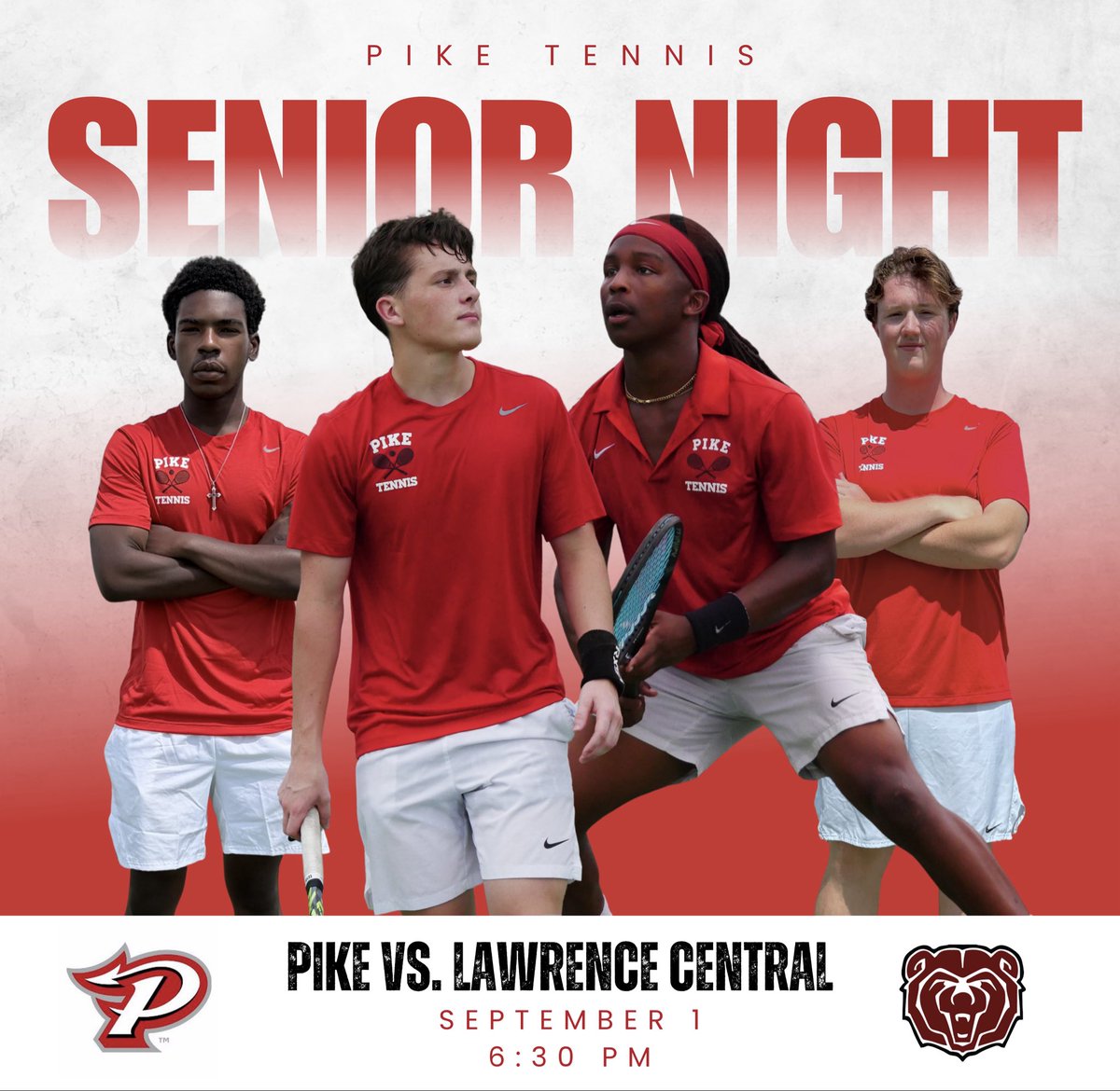 PikeTennis's tweet photo. Senior night is tonight! 

Come cheer on your Red Devils and celebrate this special senior class as we take on conference rival Lawrence Central!

Senior Night Ceremony is at 6:30pm and the match starts at 7:00pm. 

Go Pike! @PikeHSAthletics https://t.co/SGGK2DGoLu