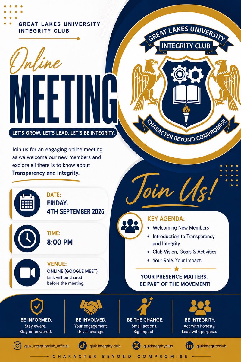 Glukintegritycl's tweet photo. ✨ You’re invited! ✨
Join us this Friday at 8 PM for our online meeting as we welcome our new members and learn more about Transparency &amp; Integrity. 💙💛

Come ready to learn, connect &amp; make an impact!
#IntegrityClub #TransparencyAndIntegrity #CharacterBeyondCompromise https://t.co/a1CTHNITA3