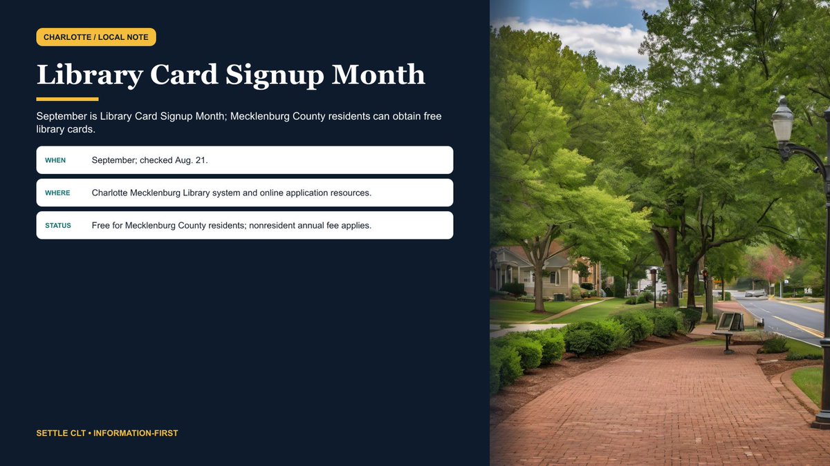 SettleClt's tweet photo. Library Card Signup Month starts today. Free for Mecklenburg County residents; non-residents may have a fee. Details: https://t.co/fXEPdHTxEJ #SettleCLT #CharlotteNC #LibraryCardSignupMonth https://t.co/F0PvOJF3VT