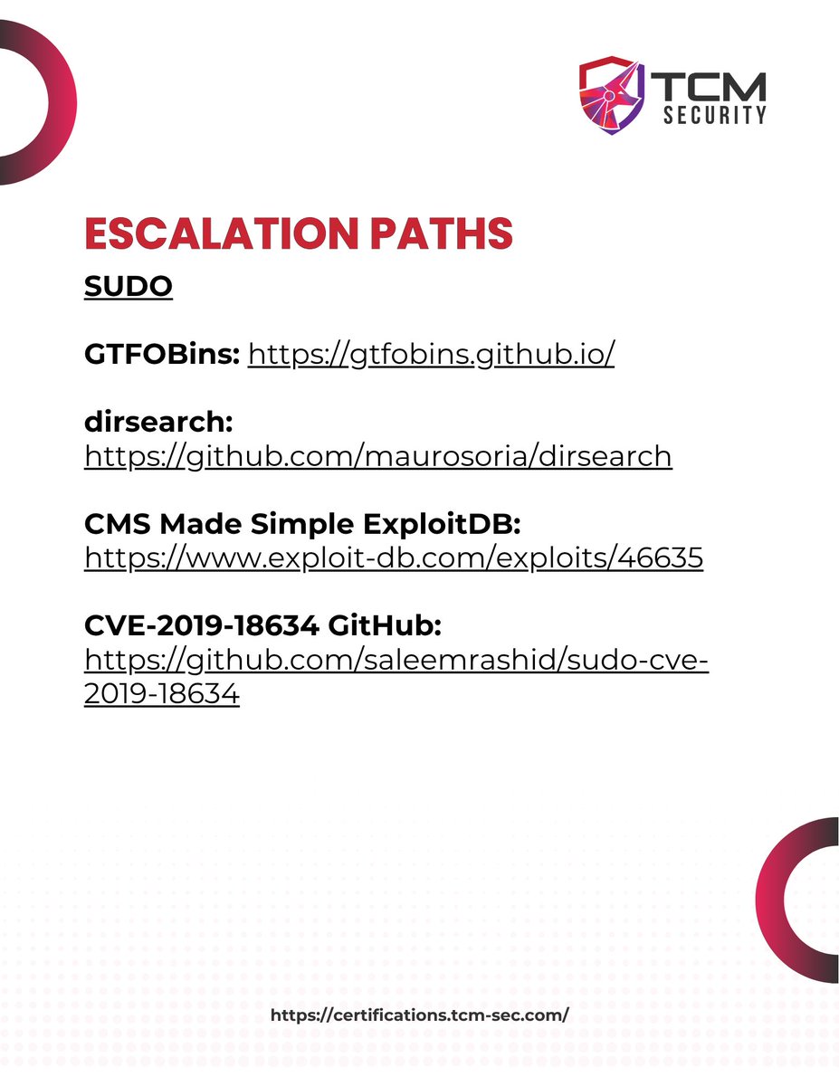 TCMSecurity's tweet photo. Today we're sharing some resources for Linux privilege escalation. Use this as a starter pack whether you're currently working on a penetration test or studying for the PNPT.

Find resources for automated #privesc, escalation paths in SUDO, and more.

We plan on updating this quarterly, so let us know what we missed in the comments!

Get the PNPT (Practical Network Penetration Tester) package here: https://t.co/G0I3vCCpJ6