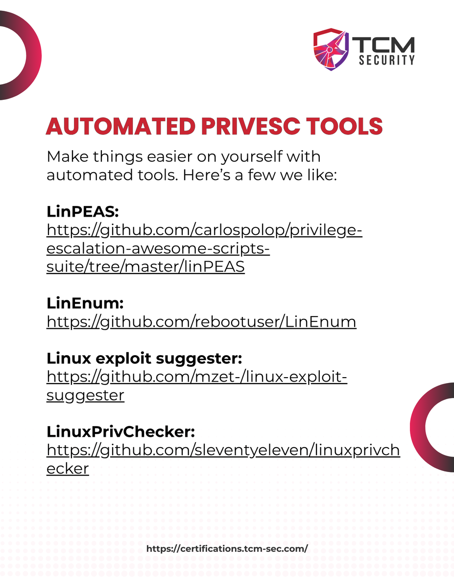 TCMSecurity's tweet photo. Today we're sharing some resources for Linux privilege escalation. Use this as a starter pack whether you're currently working on a penetration test or studying for the PNPT.

Find resources for automated #privesc, escalation paths in SUDO, and more.

We plan on updating this quarterly, so let us know what we missed in the comments!

Get the PNPT (Practical Network Penetration Tester) package here: https://t.co/G0I3vCCpJ6