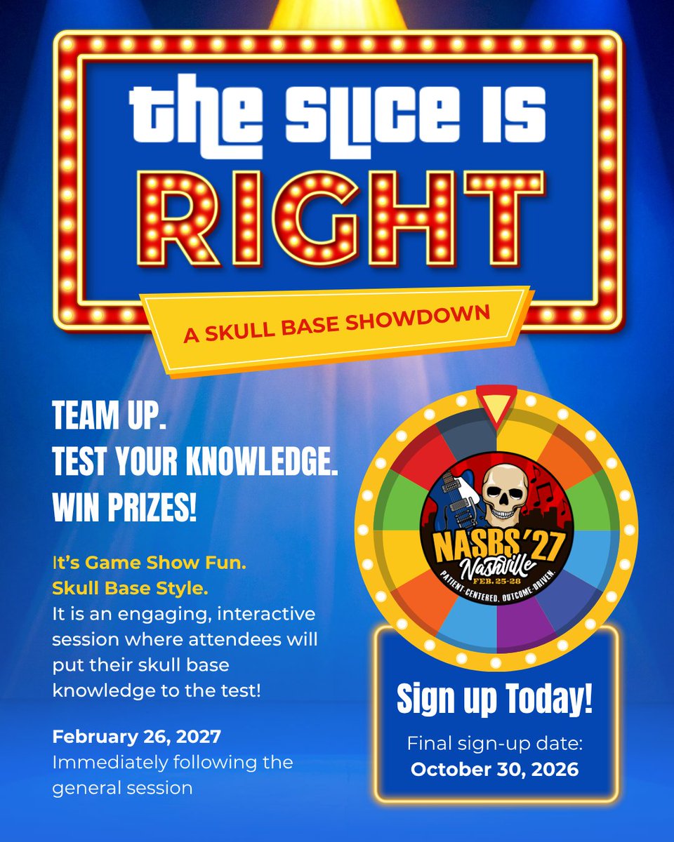 NASBSorg's tweet photo. 🎤 Think you have what it takes to compete in The Slice is Right: A Skull Base Showdown! 🧠

Sign up as an individual and you could be selected to compete in this NEW interactive session at #NASBS2027  

https://t.co/XtD7Egnacg

@umiamimedicine @NeurosurgeryNM @StephenTMagill https://t.co/28TABHrkSB