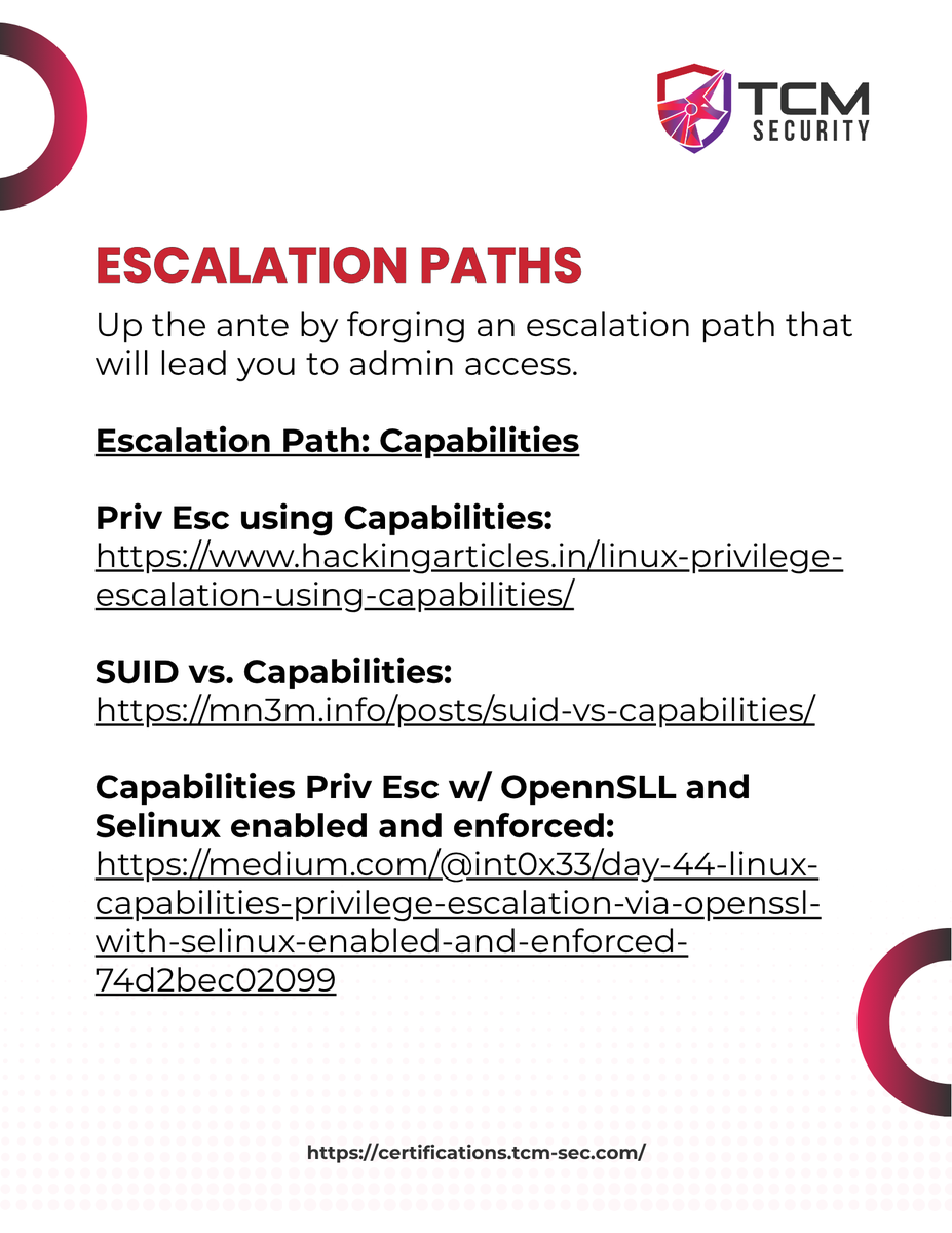 TCMSecurity's tweet photo. Today we're sharing some resources for Linux privilege escalation. Use this as a starter pack whether you're currently working on a penetration test or studying for the PNPT.

Find resources for automated #privesc, escalation paths in SUDO, and more.

We plan on updating this quarterly, so let us know what we missed in the comments!

Get the PNPT (Practical Network Penetration Tester) package here: https://t.co/G0I3vCCpJ6