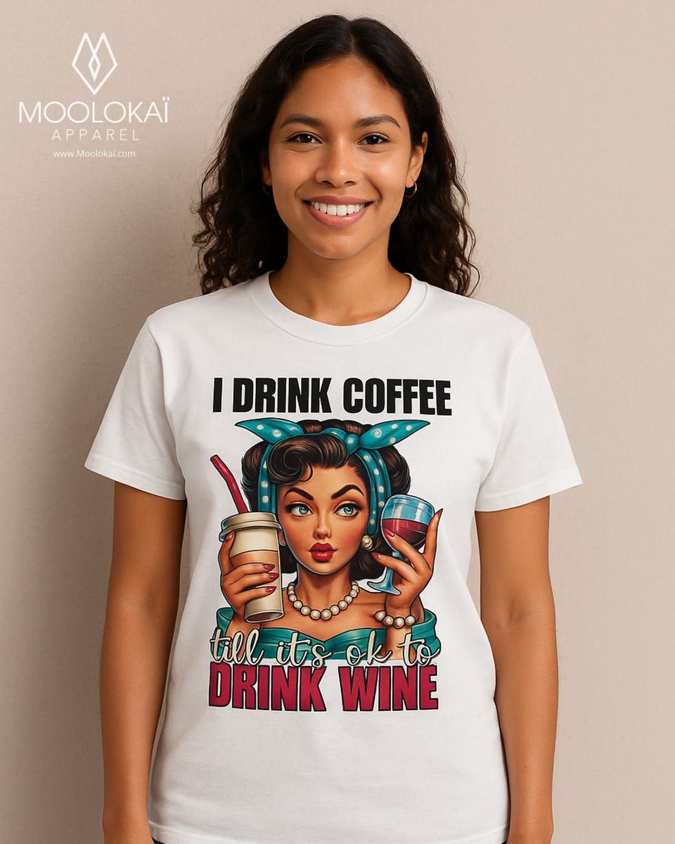 MoolokaiApparel's tweet photo. Start your day with coffee &amp; end it with wine! 🍷☕ Our new tee knows your routine. Perfect for caffeine lovers &amp; wine enthusiasts alike. #CoffeeToWine #TShirtStyle https://t.co/CrIzrrmrdX