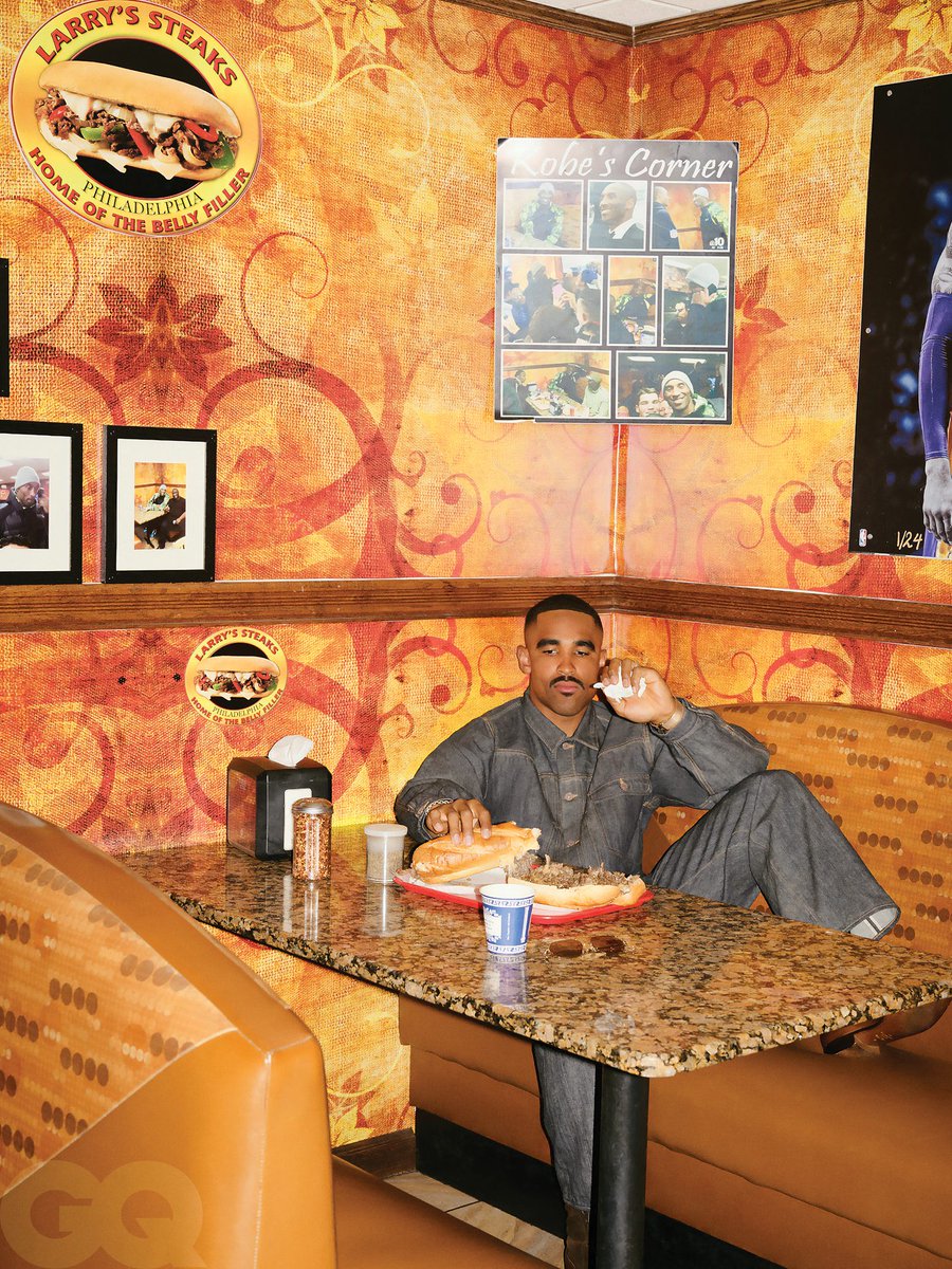 GQMagazine's tweet photo. Super Bowl-winning #PhiladelphiaEagles quarterback @jalenhurts: "The football field is one of the very few places I feel like I can be myself." Read Hurts's full interview with GQ's @zachbaron: https://t.co/cv273yEnIH https://t.co/Z9XC1UWUHz