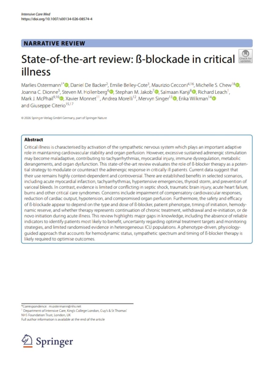 Leo_Santo5's tweet photo. 💊🚨β-Bloqueadores en el Paciente Crítico? No Solo Es Para Bajar la FC 

⚡Toxicidad Adrenérgica
🦠Sepsis
🫀Enfermedad Cardiaca
🧠Neurocrítico
🎯Tratamiento Individualizado

📖Intensive Care Medicine 2026

Artículo Completo👇🏻✅🆓
https://t.co/aR5SFK2xfj https://t.co/x6MelHQOHs
