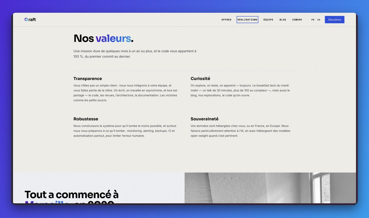 nicolasrouanne's tweet photo. Nouveau site pour Qraft. On construit toujours des applications de qualité - et aussi, maintenant, des agents IA et des équipes qui utilisent l'IA au quotidien. L'ADN n'a pas bougé: quality crafting, des choses qui durent. L'IA accélère tout ça. https://t.co/nfzxd0Rhxy