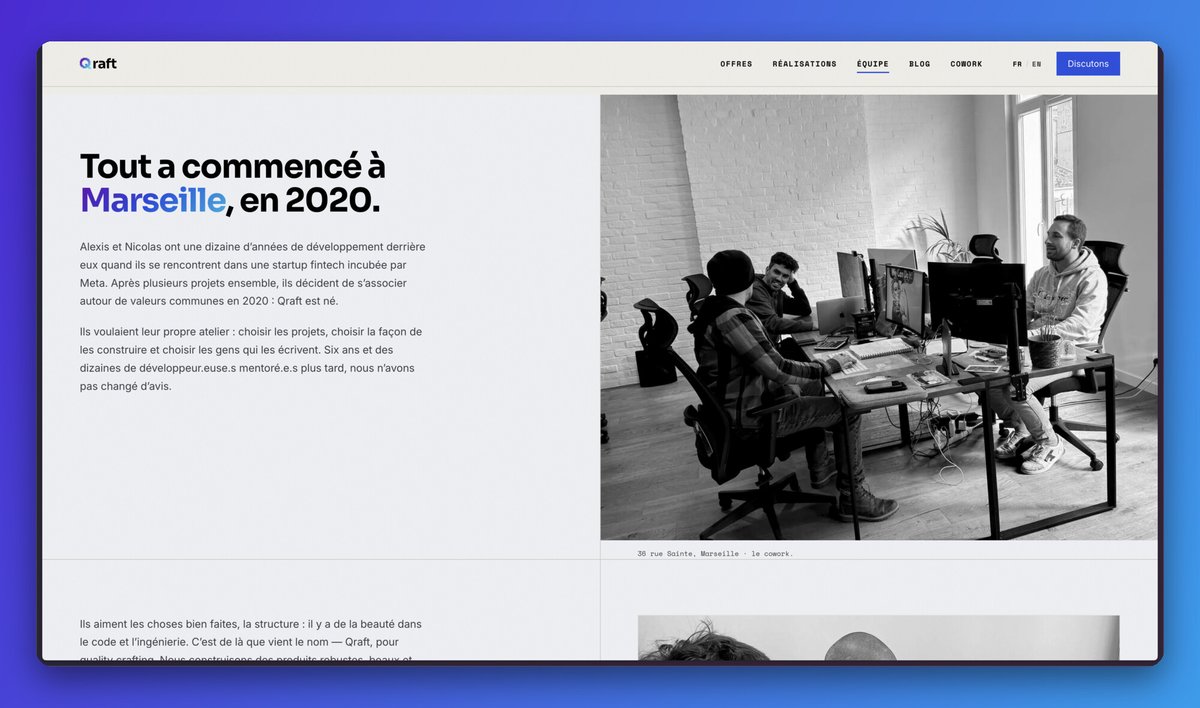 nicolasrouanne's tweet photo. Nouveau site pour Qraft. On construit toujours des applications de qualité - et aussi, maintenant, des agents IA et des équipes qui utilisent l'IA au quotidien. L'ADN n'a pas bougé: quality crafting, des choses qui durent. L'IA accélère tout ça. https://t.co/nfzxd0Rhxy
