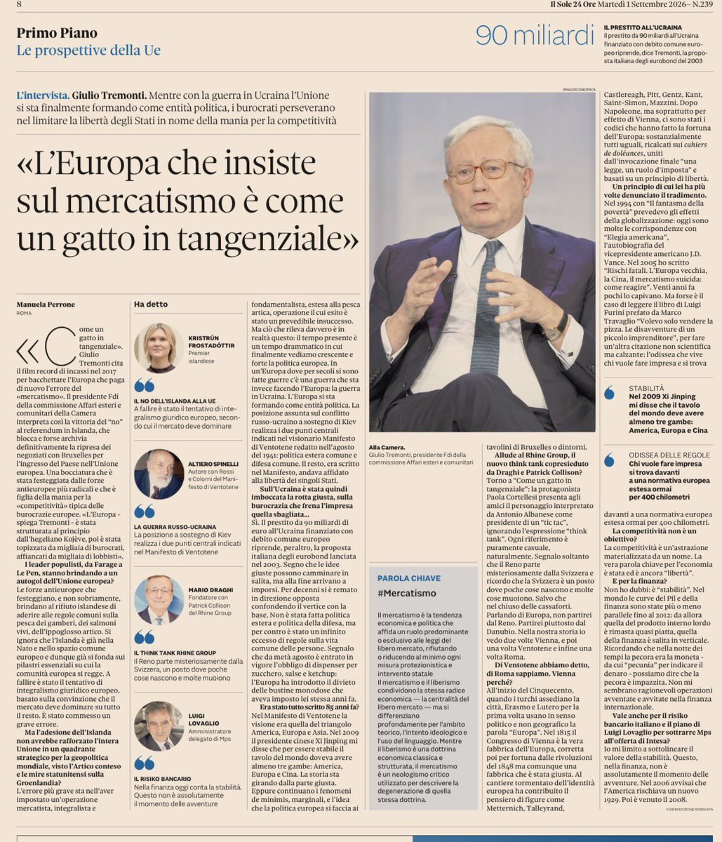 Giulio_Tremonti's tweet photo. “Le forze antieuropee che festeggiano, brindano al rifiuto islandese di aderire alle regole comuni sulla pesca dei gamberi, dei salmoni vivi, dell'ippoglosso artico.” Una mia intervista al Sole 24 Ore. https://t.co/5brlwvYiAj