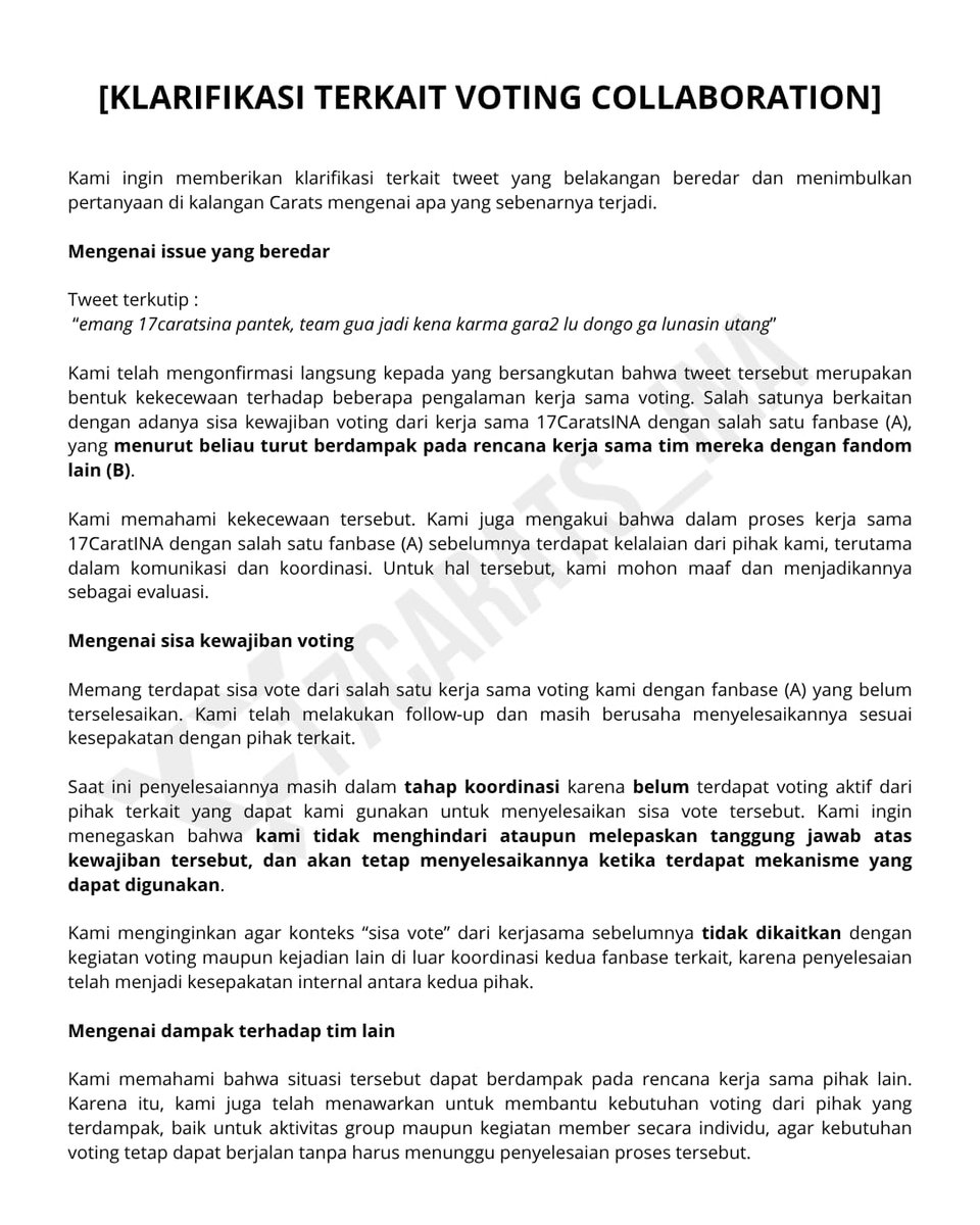 17CARATS_INA's tweet photo. [#ADMIN] 

Sehubungan dengan tweet yang belakangan beredar dan menimbulkan pertanyaan di kalangan Carats, izinkan kami memberikan penjelasan agar situasi ini dapat dipahami secara utuh. 

Klarifikasi ini kami sampaikan sebagai upaya meluruskan informasi yang beredar. Kami memohon maaf atas kesalahan dari pihak kami dan akan terus bertanggung jawab serta menjadikan hal ini sebagai evaluasi untuk ke depannya. Terima kasih atas pengertiannya. 

— 17CARATS INA