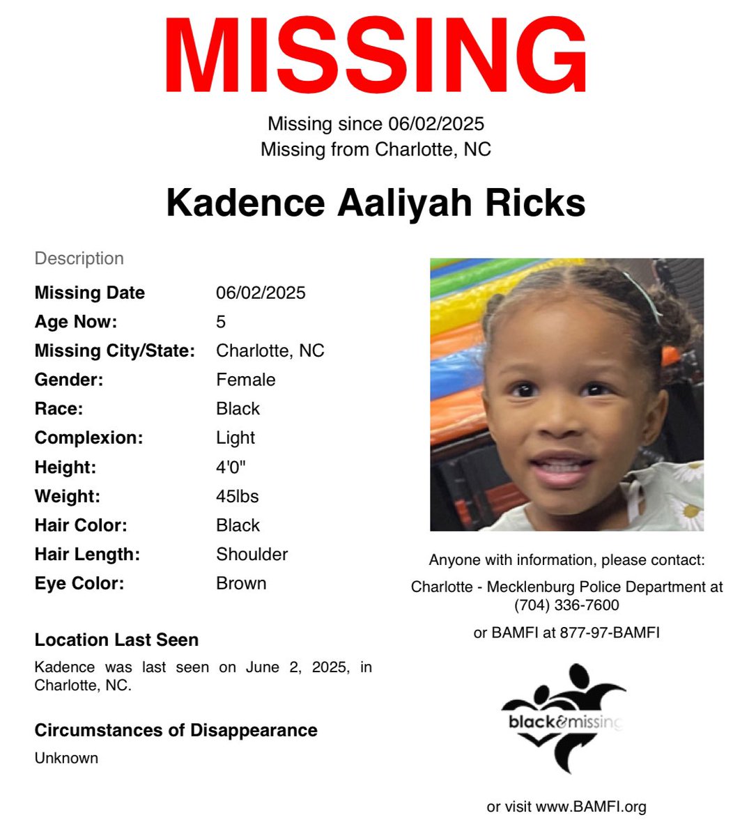 BAM_FI's tweet photo. #Charlotte, #NC: Kali, her sisters, Karmen and Kadence, were last seen on June 2, 2025. They may be in the company of their mother, Khristina Cunningham, and an older adult female.
Please SHARE to #HelpUsFindUs https://t.co/ZoFtT5MNEV