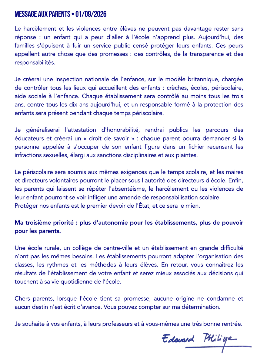 EPhilippe_LH's tweet photo. Rentrée 2026 | Mon message aux parents. https://t.co/T8ACWCodTZ