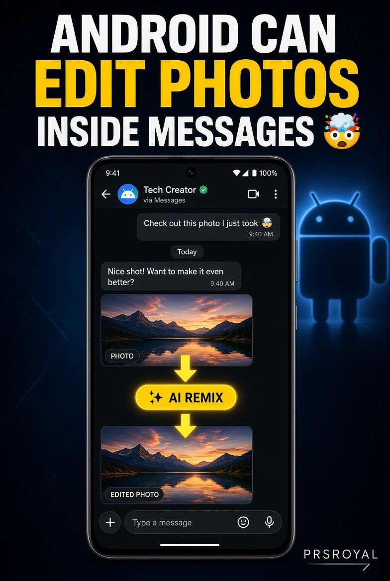 PRSROYAL3's tweet photo. 📱 Android users: You may be able to edit an image with AI directly inside Google Messages.

FULL POST:

One interesting Android feature is called Remix.

Inside supported versions of Google Messages, you can select an image and use AI to modify it.

For example, you could ask AI to:

• Add something to an image
• Change part of a picture
• Create a funny variation

Then continue your conversation.

No need to open a separate editing app first.

This is the kind of technology shift many people are missing:

AI is slowly moving inside the apps we already use every day.