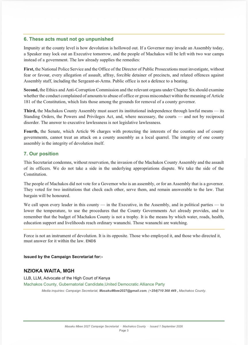 NziokaWaita's tweet photo. I keep telling Kenyans to watch the madness that is the Machakos County Government & the wider implications on our national politics. 

The recent invasion of the Machakos County Assembly offices is part of a growing trend of violence and intimidation embraced by Governor Wavinya Ndeti on anyone who questions her authority, her actions yesterday represent a grave threat to constitutionalism and directly violates fundamental principles underpinning our governance. We must condemn this and call for an immediate return to constitutional order . PRESS STATEMENT ATTACHED FOR IMMEDIATE RELEASE