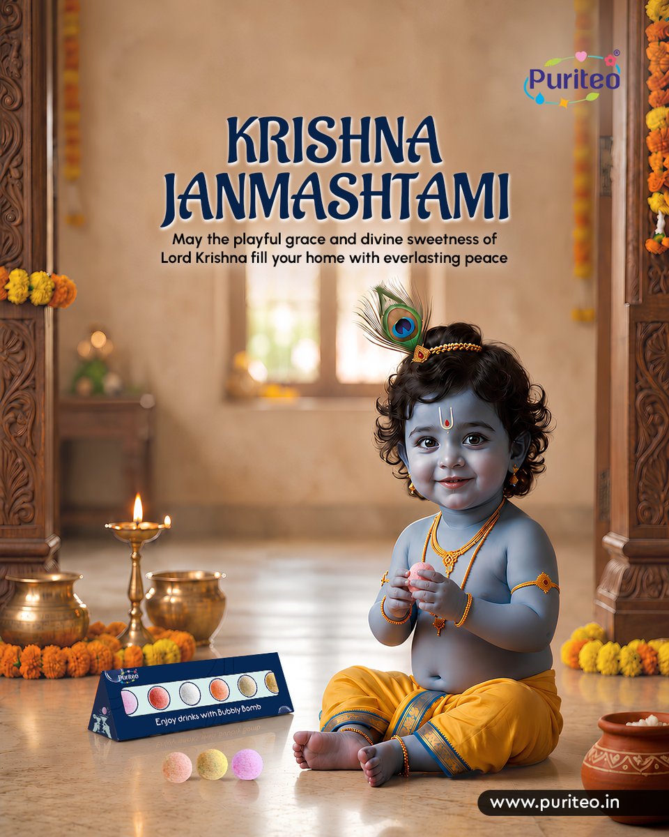 TheBubblyBombs's tweet photo. May the playful grace and divine sweetness of Lord Krishna fill your home with everlasting peace, love, and joy. ✨🦚

Celebrate the magic of Janmashtami with refreshing moments and cheerful flavors! 🌟

Happy Krishna Janmashtami from all of us at Puriteo! 🙏🦚 https://t.co/cfnkVlE3GT