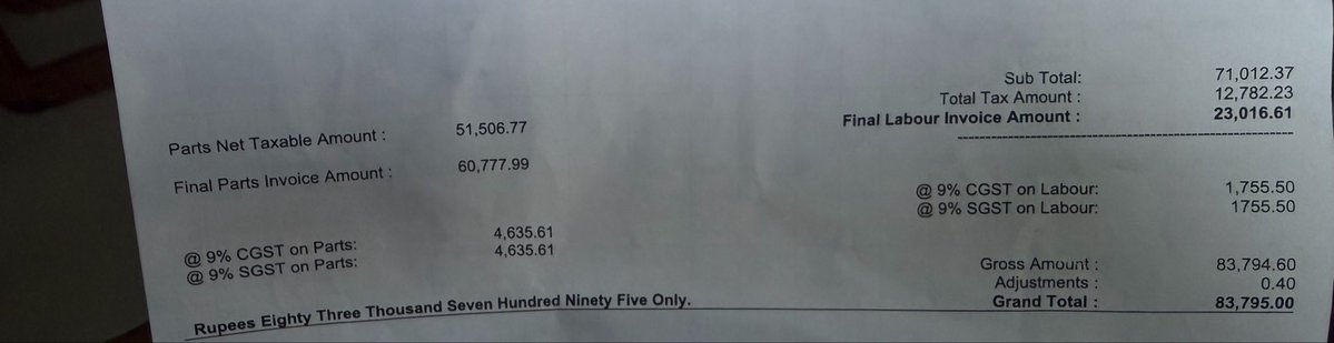 bhargav1704's tweet photo. @TataMotors @TataCompanies @Schandr80504296 @Tataev @TATA_CARS Look at the bill.  @TataCompanies @Schandr80504296 @Tataev @TATA_CARS @TataMotors https://t.co/CkKqvs3aIB