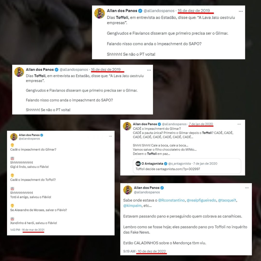 allandospanos's tweet photo. Recordar é viver!

Os acordos caracu que o mito fez com seus amigos Toffoli e Gilmar Mendes para salvar o Flávio da cadeia foram o que nos trouxe até aqui.

Quem avisou que esses acordos dariam muita merda foi chamado de NEW LEFT e TRAIDOR na época.

Traidores de quê?
De não passar pano para o mito, dando superpoderes ao STF pra salvar o Flávio?

Como o próprio Flávio diz, ele fez de tudo para melar a Lava Toga junto com o Gilmar Mendes.

Em dezembro de 2019, derrubaram a manifestação do impeachment do Toffoli.

Inventaram o efeito dominó; primeiro o Gilmar kkk

Para proteger o Toffoli e salvar o Flávio, fizeram até campanha pra derrubar perfis de direita aqui no X.

O mito abraçando o Toffoli foi o dia do acordo caracu para colocar o petista Kassio Nunes no STF, que votou várias vezes a favor do Lula.

A conta do acordo caracu para salvar o Flávio nunca acaba.

Dá pra passar o dia todo aqui lembrando tudo o que fizeram...

Cometeram um erro fatal quando deram superpoderes ao STF, e dificilmente isso terá retorno.

Talvez só uma guerra, mas como são covardes, serão os primeiros a fugir.

É mais fácil jogar a cagada que fizeram pra salvar o Flávio no colo dos outros.

Ah, felizmente, boa parte dos que chamavam de New Left se transformaram em traidores intergalácticos.