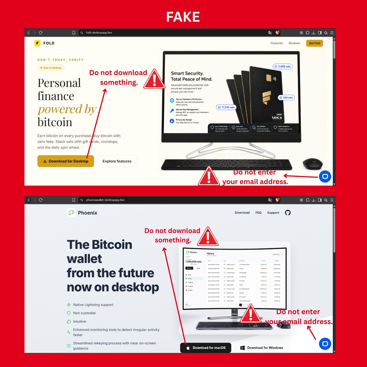 Schnuartz's tweet photo. 🚨Warning: This is not only hitting us.

Same hacking campaign is also standing up fake sites for:
@fold_app
@PhoenixWallet 

They then trick people into installing malware that hands the attacker remote control of the pc. https://t.co/8pdgyRDAXw