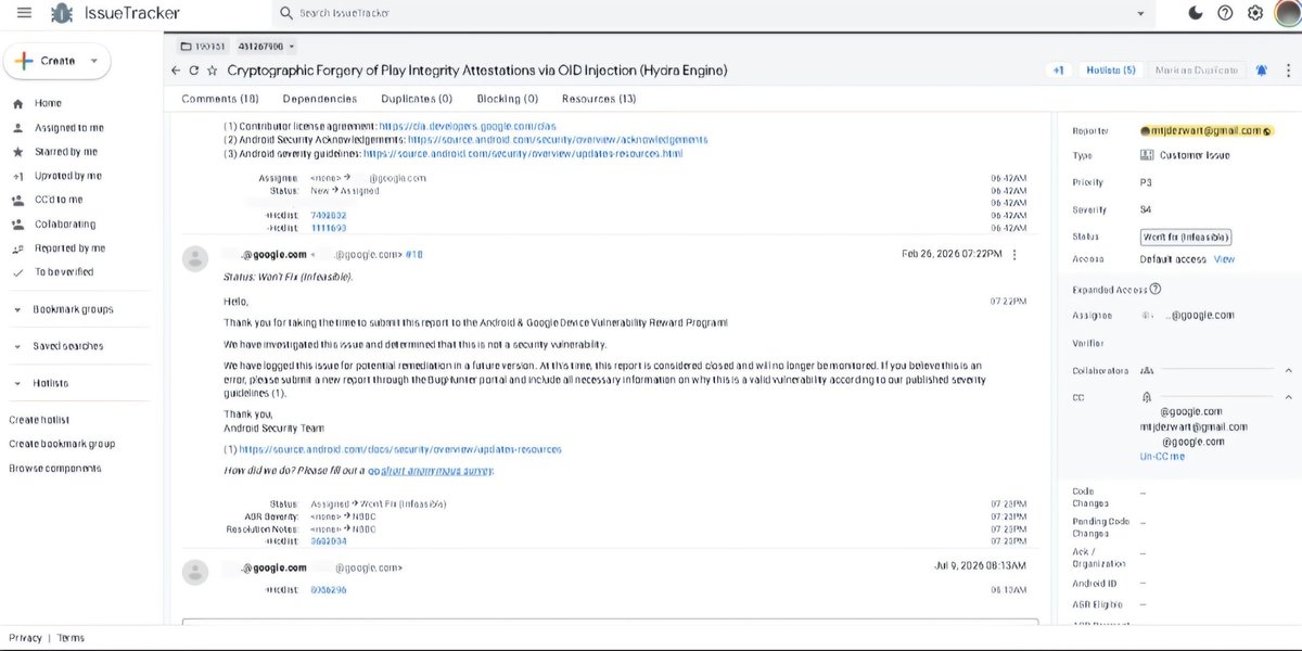 MdeZwart's tweet photo. My biggest #BugBounty win? A $0 invoice.
I reported a core Android flaw. Google closed it as "Won't Fix" to save legacy devices. Months later, they resurrected my ticket to shape their next-gen security architecture.
Impact isn't always a check.🚀 ​#CyberSecurity #AndroidSecurity https://t.co/sNPGwqK3Fq