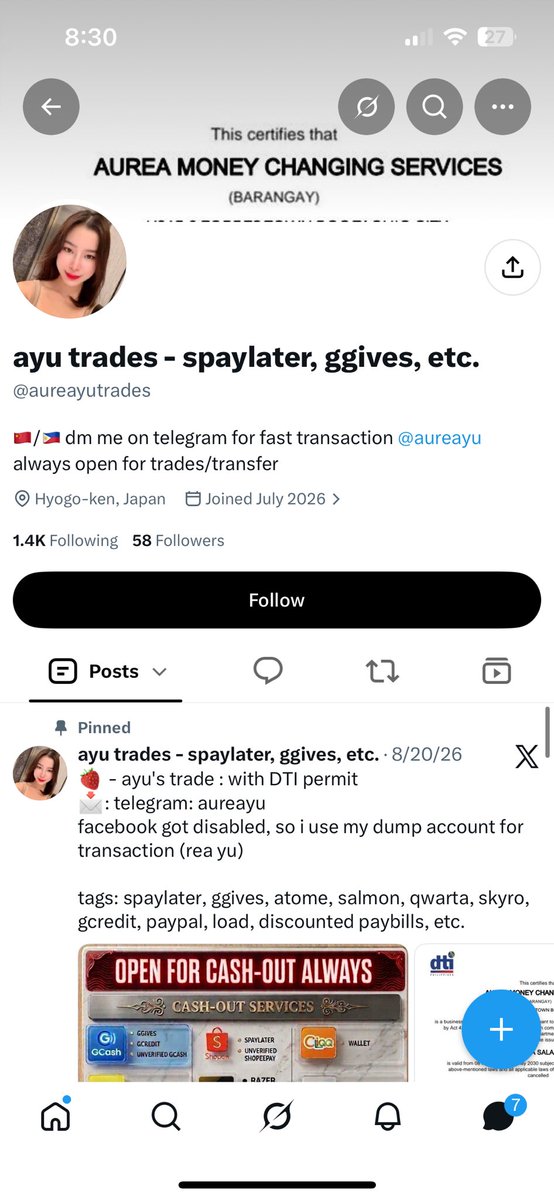 sumettible's tweet photo. ayu trades 

⚠️ Scammer Alert ‼️

Please don't engage please! 

She even have this telegram channel for her proof of transactions lol! 

After sending her the money from Atome, it took her minutes to send it to my bank account. *nag eedit na pala ng fake receipt* https://t.co/bKUOBQKjvX