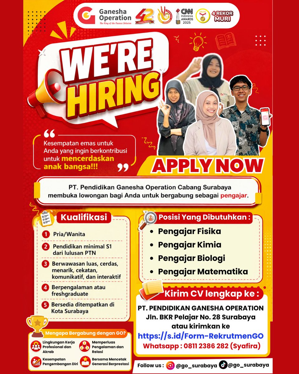 lokersbyterbaru's tweet photo. PT. Pendidikan Ganesha Operation (IG: @go_surabaya) membuka lowongan posisi :
• Pengajar Fisika
• Pengajar Kimia
• Pengajar Biologi
• Pengajar Matematika
📍 Penempatan : Jl. Bkr Pelajar, Ketabang, Surabaya

✅ Pria/Wanita - Usia Bebas
✅ Minimal S1 dari semua jurusan terkait https://t.co/onj3WcBt0v