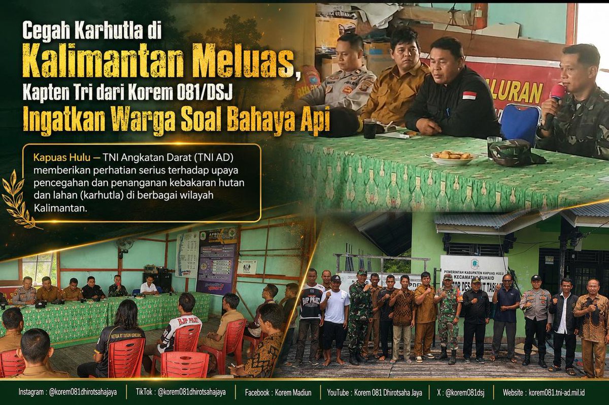 skorem081dsj's tweet photo. Cegah Karhutla di Kalimantan Meluas, Kapten Tri dari Korem 081/DSJ Ingatkan Warga Soal Bahaya Api

“Pencegahan jauh lebih baik daripada harus menghadapi dampaknya. Mari kita jaga lingkungan bersama dan pastikan setiap aktivitas yang menggunakan api dilakukan dengan aman,” https://t.co/rTjrmbcXdZ