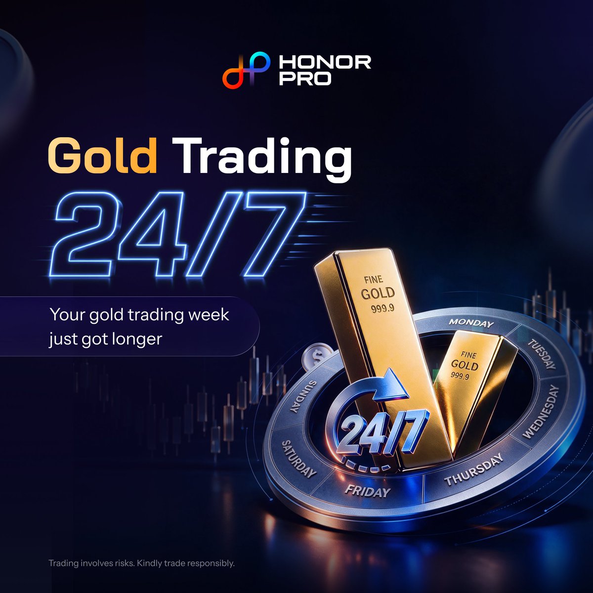 HonorProGlobal's tweet photo. Gold trading doesn't have to stop when the week ends.

With HonorPro, trade dedicated Gold 24/7, so you can stay connected to the market, even on weekends.