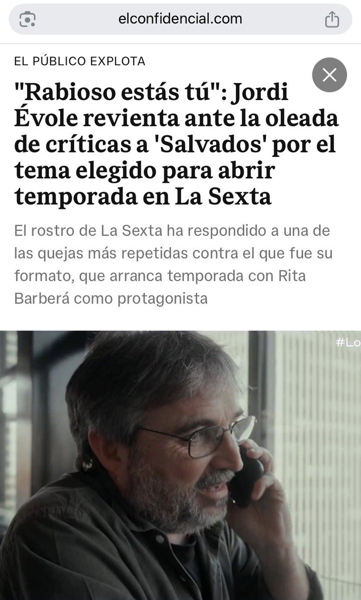 jordievole's tweet photo. Soy muy fan de la elección de verbos que hace El Confidencial para sus titulares: “Évole revienta”. Son unos cracks. 
A propósito del titular, solo recordar una cosa: @salvadostv ha tenido siempre su propia agenda y su propia línea editorial. Nadie nos la marca. Nadie hablaba de ello cuando hicimos el Salvados del Metro de Valencia, ni del estado de algunas granjas de cerdos, ni de porqué se puede comprar ropa tan barata, ni de la dura historia de un grupo como Supersubmarina… y no nos ha ido del todo mal: 19 años en antena.
¿Hablaremos de Ceuta? Claro. Pero cuando tengamos algo que aportar sobre el tema. Algo exclusivo que nadie tenga. Sumarnos a la “invasión mediática” no es lo nuestro, dicho desde el respeto a todos los programas que lo quieran hacer. Solo faltaría.
Somos así, y por más que insistan, sobre todo los que no nos soportan, no vamos a obedecerles. No perdáis el tiempo tuiteando vuestro hate. O sí. Haced lo que queráis. Nosotros también lo haremos. 
Este domingo vuelve a @laSextaTV @salvadostv, producido por @delbarriotv. Con un doble capítulo sobre la vida de Rita Barberá. El animal político derrumbado (igual El Confidencial pondría abatido, aniquilado, hundido, aplastado, ya iremos aprendiendo compañeros) por los que ella creyó que eran los suyos. Una historia que trasciende a siglas y partidos. Una historia que habla de lealtades y traiciones, en definitiva, de la condición humana.  Con todos los elementos que puede tener una buena historia. Si lo queréis ver, genial. Es el domingo a las 21:30. Si no, no hay ningún problema. A esa hora en la tele habrá otras ofertas buenísimas, por no hablar de lo que se puede hacer sin necesidad de encender la tele. Incluso me atrevería a decir que en algún canal a esa hora estarán hablando de Ceuta. No me quiero aventurar, pero podría pasar. Nosotros, siempre a favor de una oferta televisiva plural.
Lo que les garantizo es que a esa hora nadie estará explicando la vida de un personaje que forma parte de la historia reciente de España, que retrata una época quizás irrepetible. Una historia narrada por personas que la conocieron muy de cerca. Personas que no habían hablado hasta ahora. Con una realización, un guión y una producción y postproducción premium. Si La Sexta fuese una plataforma, pondría delante ese cartel que dice “Original”. En definitiva, tele hecha con un cariño y una pasión excepcionales, con muchos detalles cinematográficos, una banda sonora espectacular, y un grafismo diseñado especialmente para la ocasión. Porque todos los que lo han hecho posible adoran y respetan este oficio. Lo comprobarán a lo largo de toda la temporada. Ojalá la disfruten viéndola como nosotros haciéndola.
Que tengan ustedes una buena tarde.