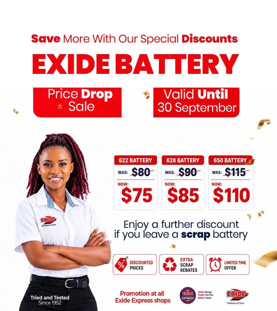 ExideZim's tweet photo. Enjoy amazing bargains with our special Exide battery price drop sale this month of September. 
Details on flyer. 
Thank you for choosing Exide. 
#thebatteryofchoice
#triedandtestedsince1952
#esteemedbrands
@KUDZIELISTER2 @Mavhure @EsteemComms @takemorem1 https://t.co/c58fBuFBNa