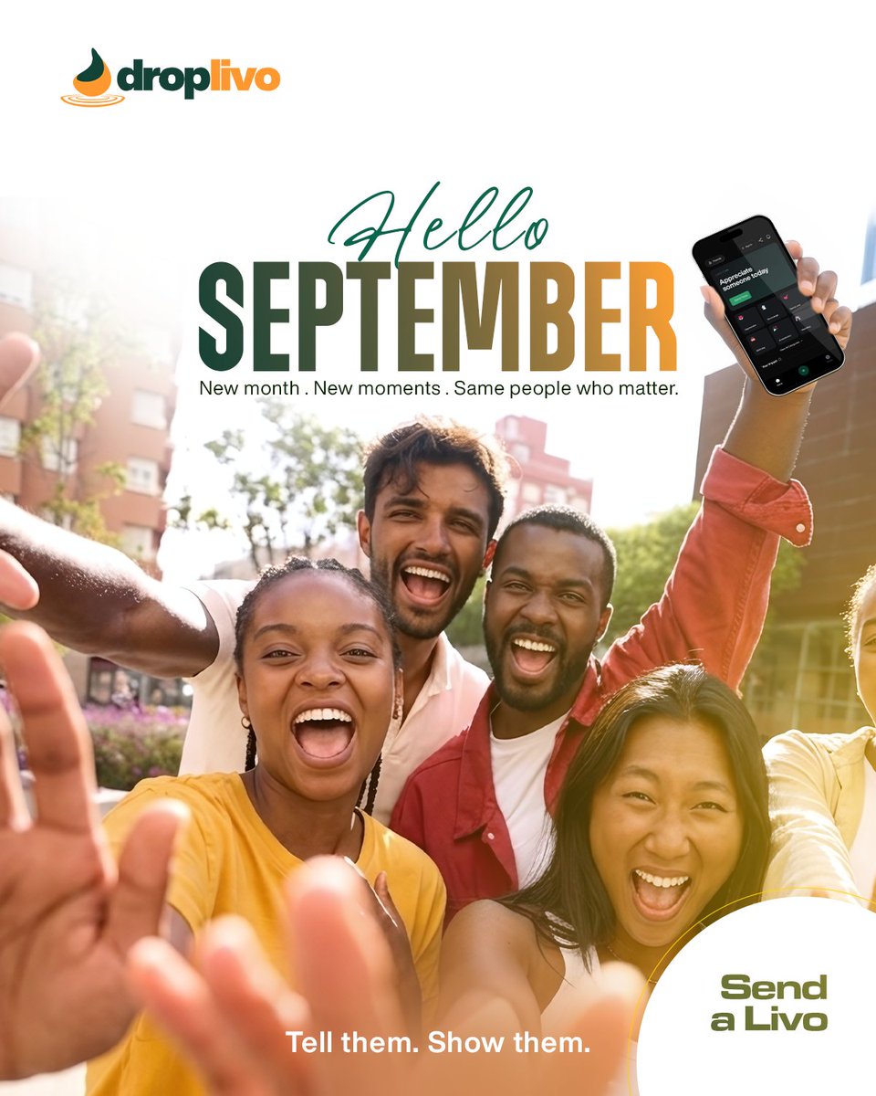DropLivo's tweet photo. New month. New moments. 
Same people who matter. 💚

September, let’s make the little things count.

Send someone a Livo today. 🍃
👉 https://t.co/K93y1d714K

#DropLivo #HelloSeptember #SendALivo #Gittens #Happynewmonth #Kone #Fatherabraham https://t.co/9SV1kcfS2w